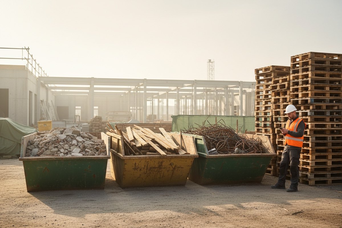 Chantier de bâtiment avec bennes de déchets triés et un professionnel consultant son smartphone
