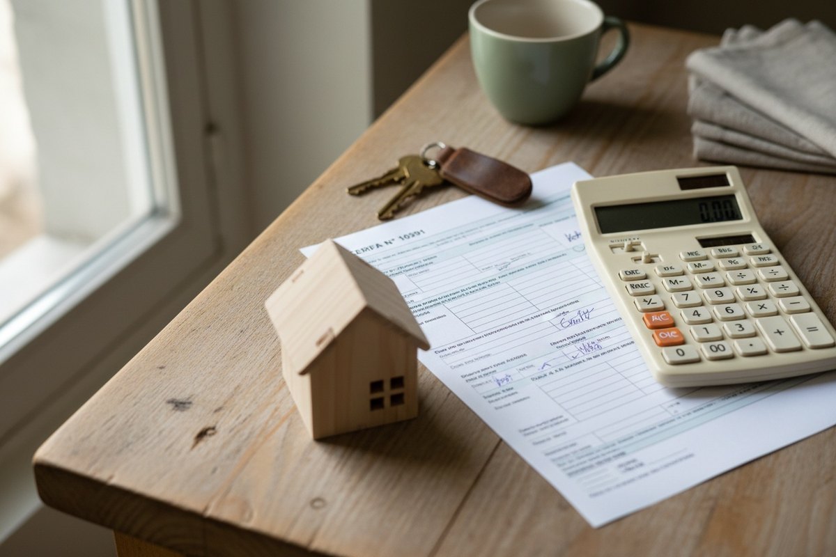 Bureau avec formulaire de déclaration fiscale, calculatrice, clés et maquette de maison